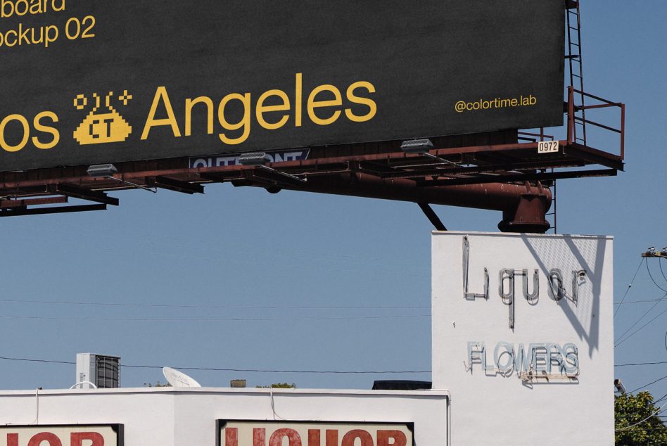 Billboard mockup design featuring pixel-style Los Angeles text on an urban landscape, ideal for graphic presentations and advertising mockups.